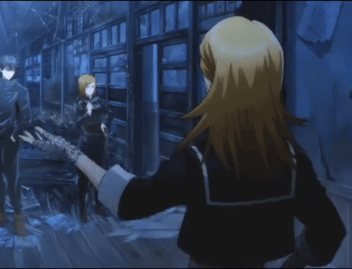 A Girl In A Sailor Suit Stands In Front Of A Building With A Sign That Says ' Closed ' On It GIF