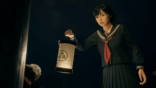 A Girl In A Sailor Uniform Is Holding A Lantern With Chinese Characters On It GIF