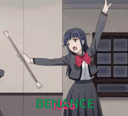 A Girl In A School Uniform Is Holding A Cane With The Word Benance Written On The Bottom GIF