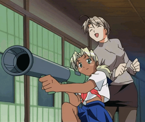 A Girl In A School Uniform Is Holding A Rocket Launcher GIF