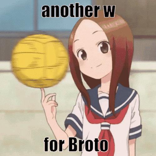 A Girl In A School Uniform Is Holding A Yellow Ball With The Words " Another W For Broto " Above Her GIF