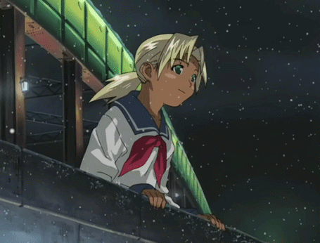 A Girl In A School Uniform Is Leaning On A Railing While Snow Is Falling GIF