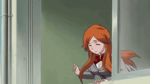 a girl in a school uniform is looking out of a window with an adult swim logo on the bottom