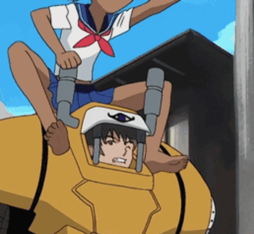 A Girl In A School Uniform Is Riding On The Back Of A Yellow Robot GIF