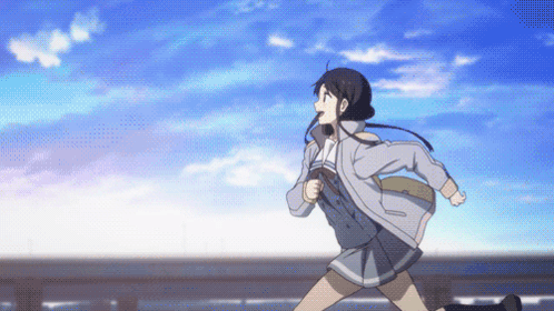 A Girl In A School Uniform Is Running On A Bridge With A Blue Sky In The Background GIF