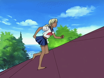 A Girl In A School Uniform Is Running Up A Roof GIF