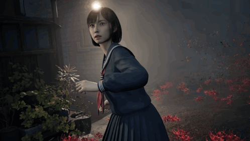 A Girl In A School Uniform Is Standing In A Dark Area With Red Flowers GIF