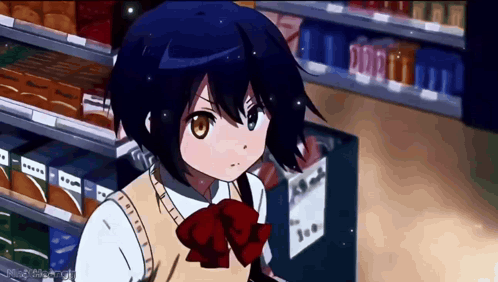 A Girl In A School Uniform Is Standing In A Store With A Sign That Says 100 GIF