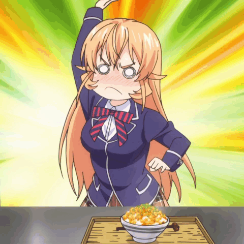 A Girl In A School Uniform Is Standing In Front Of A Bowl Of Rice GIF