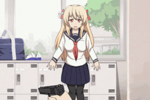 A Girl In A School Uniform Is Standing In Front Of Lockers Holding A Gun GIF