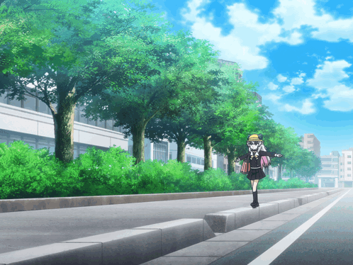 A Girl In A School Uniform Is Walking Down A Street With Trees In The Background GIF