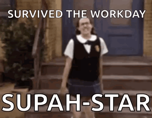 A Girl In A School Uniform Is Walking Down Stairs With The Caption Survived The Workday GIF