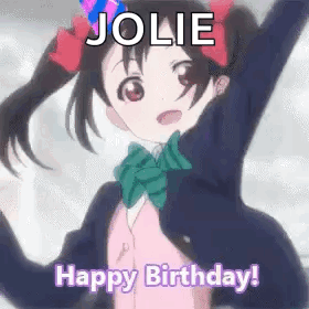 A Girl In A School Uniform Is Wearing A Birthday Hat And Holding Her Arms In The Air . GIF