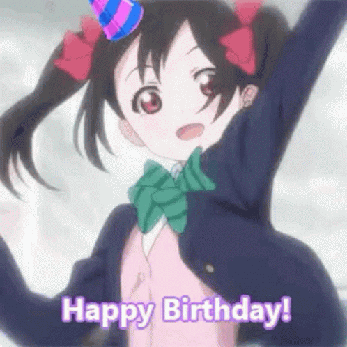 A Girl In A School Uniform Is Wearing A Birthday Hat And Saying `` Happy Birthday ! '' GIF