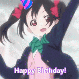 A Girl In A School Uniform Is Wearing A Birthday Hat And Says Happy Birthday . GIF