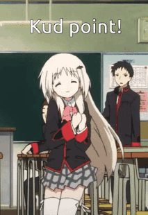 a girl in a school uniform stands in front of a blackboard with the words " kud point "