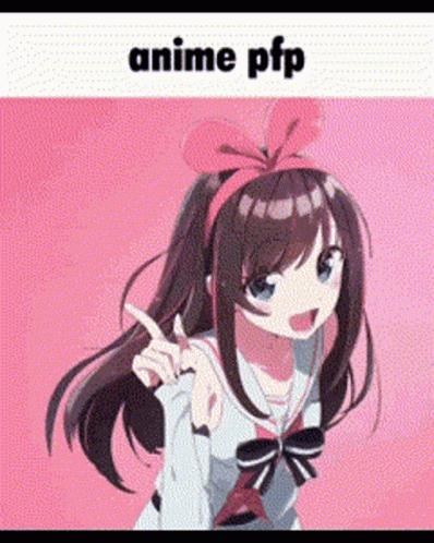 A Girl In A School Uniform With A Pink Bow On Her Head Is Pointing At Something . GIF