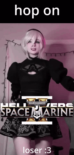 A Girl In A Space Marine Costume Is Standing In Front Of A Sign That Says " Hop On " GIF