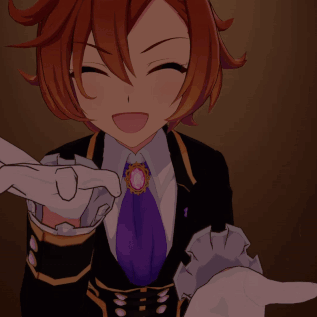 A Girl In A Suit And Tie Is Holding Her Hands Out GIF