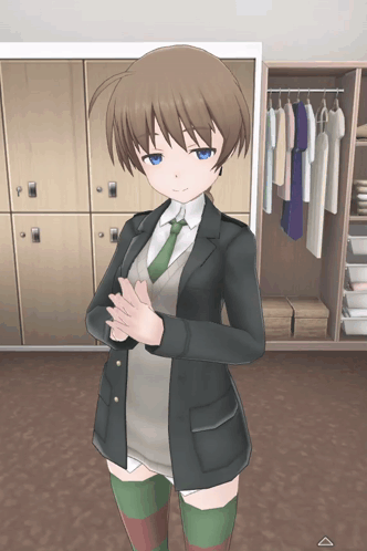 a girl in a suit and tie stands in a closet