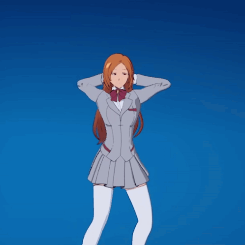 a girl in a suit and white thigh high socks is dancing on a blue background