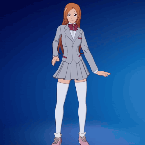 a girl in a suit and white thigh high socks stands on a blue background