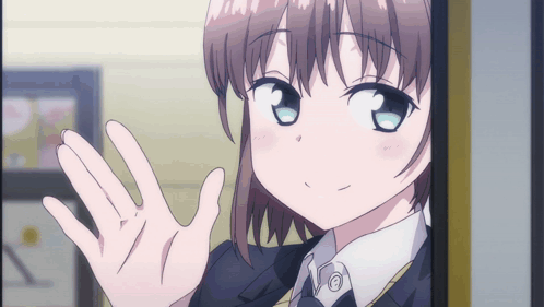 A Girl In A Suit Is Waving Her Hand GIF