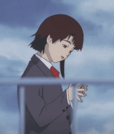 A Girl In A Suit With A Red Tie Is Standing In Front Of A Blue Sky GIF