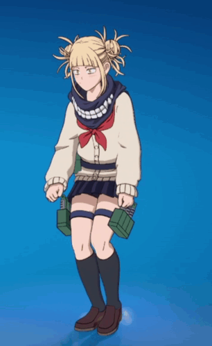 A Girl In A Sweater And Skirt Is Standing On A Blue Surface GIF