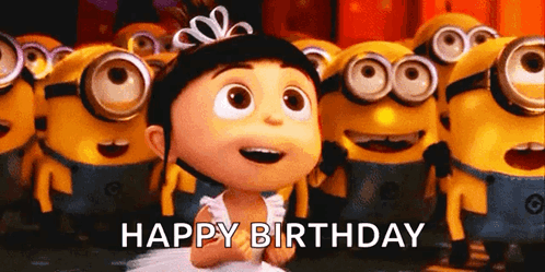 A Girl In A Tutu Is Standing In Front Of A Crowd Of Minions And Says Happy Birthday . GIF