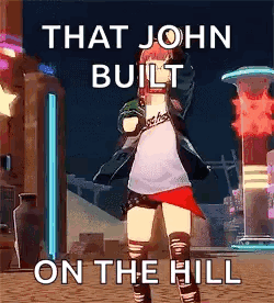 A Girl In A Video Game Is Standing In Front Of A Building And Says That John Built On The Hill . GIF