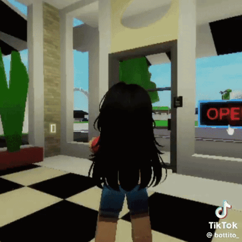 A Girl In A Video Game With A Sign That Says Open GIF