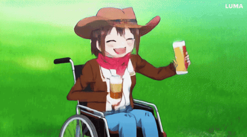 A Girl In A Wheelchair Is Holding A Glass Of Beer . GIF