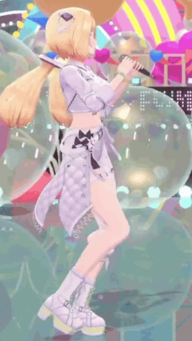 A Girl In A White Dress Is Dancing In Front Of A Bunch Of Balloons . GIF