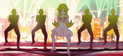 A Girl In A White Dress Is Dancing In Front Of A Group Of Men GIF