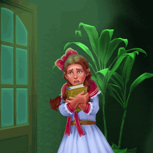 A Girl In A White Dress Is Holding A Book In Front Of A Plant GIF