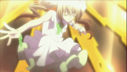 A Girl In A White Dress Is Holding A Microphone In Her Hand GIF