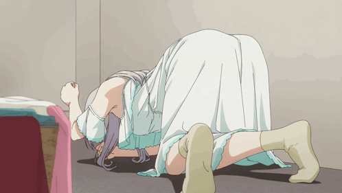 A Girl In A White Dress Is Kneeling Down GIF