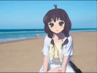 A Girl In A White Dress Is Sitting On A Beach GIF