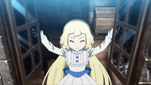 A Girl In A White Dress Is Standing In Front Of A Door With Her Arms Outstretched GIF