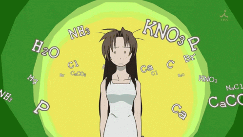 A Girl In A White Dress Is Surrounded By Various Chemical Compounds Including Kno3 P GIF