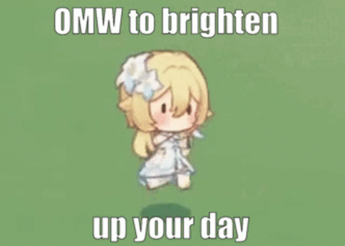 A Girl In A White Dress Is Walking On A Green Field With The Words `` Omw To Brighten Up Your Day '' . GIF