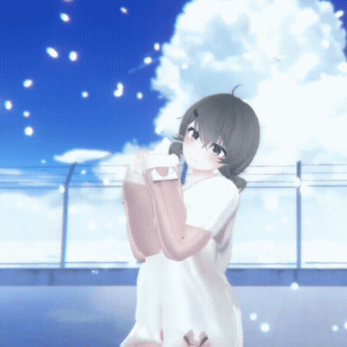 A Girl In A White Dress Stands In Front Of A Blue Sky GIF