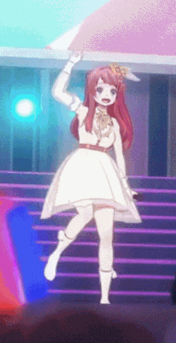 A Girl In A White Dress Stands On A Stage Holding An Umbrella GIF