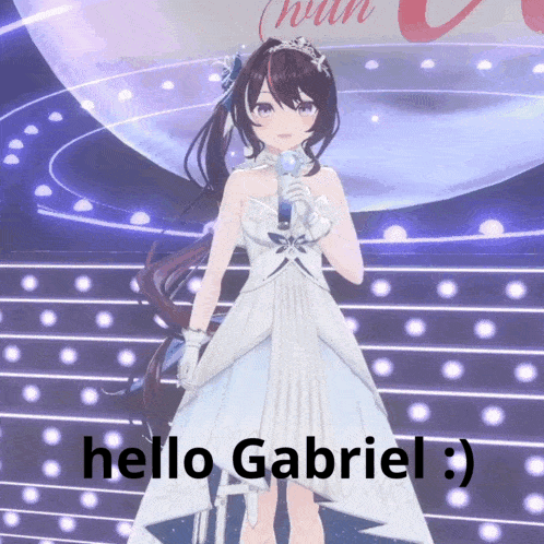 a girl in a white dress stands on a stage with a microphone and says hello gabriel