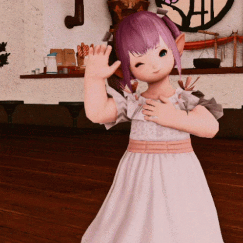 A Girl In A White Dress With Purple Hair Is Waving GIF