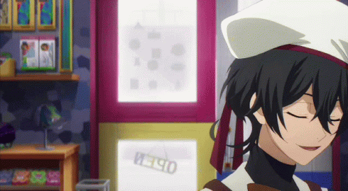 A Girl In A White Hat Stands In Front Of A Pink Wall With A Sign That Says Open GIF