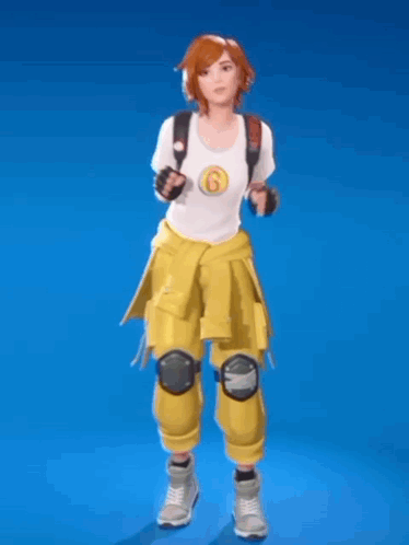 A Girl In A White Shirt And Yellow Pants Is Hanging Upside Down With Her Arms In The Air . GIF