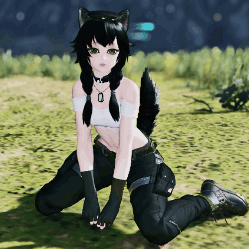 A Girl In A White Top And Black Pants Kneeling In The Grass GIF