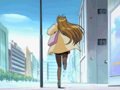 A Girl In A Yellow Coat Is Running Down A City Street GIF